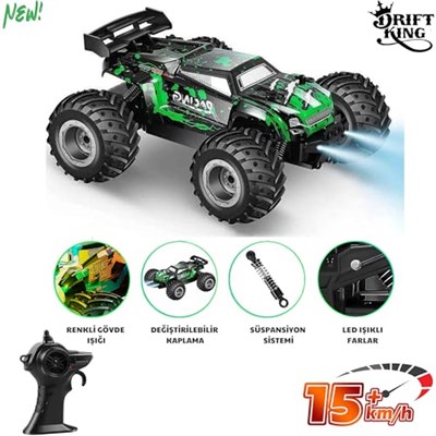 Giffy/Oyuncak 2.4 Ghz Uzaktan Kumandalı Şarjlı LED Işıklı Drift Atan 15 Km Hız Yapan Off Road Araba 45 Dk Sürüş Süresi 1200 Mah Batarya (Yeşil)