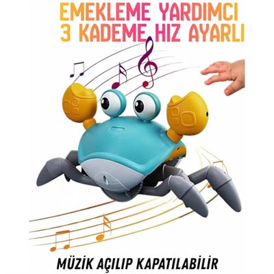 Giffy/Oyuncak Emeklemeye Yardımcı 3 Kademeli Hız Kapatıp Açılabilen Müzikli Sensörlü Dahili Şarjlı Yengeç Yatay Hareketli (MAVİ)