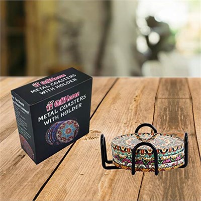GiftHome 6 lı Çini Desenli (Autum) Metal Bardak Altlığı ve Metal Stand