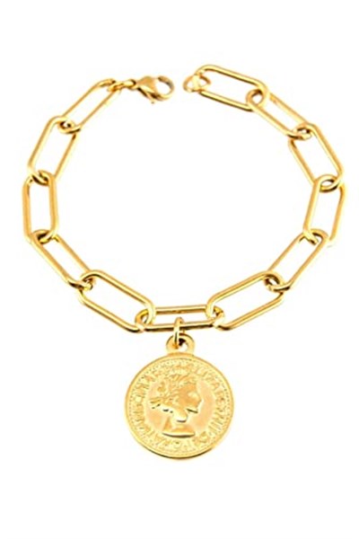 Gold Kaplama Paslanmaz Bayan Büyük Zincir Madalyon Bileklik Bilezik 20 cm arenNM54