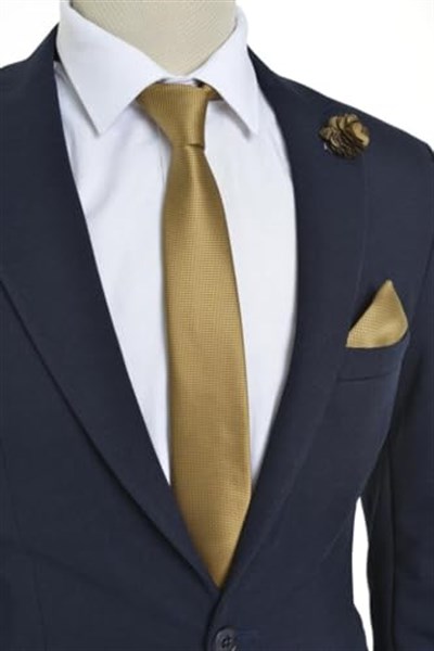 Gold Kravat Mendil Yaka Çiçeği Set