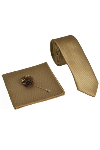 Gold Kravat Mendil Yaka Çiçeği Set