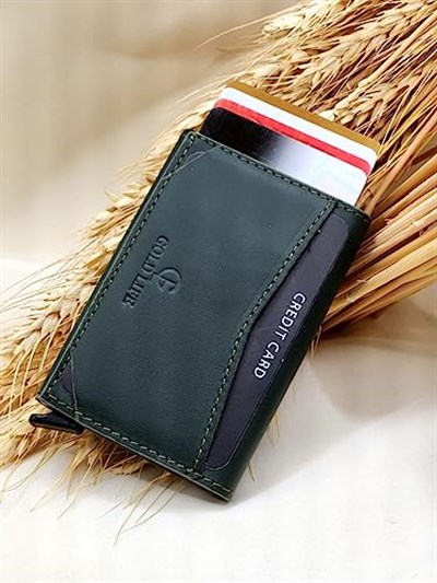 GOLD LIFE-Hakiki Deri RFID Korumalı Mekanizmalı Kartlık (YEŞİL)