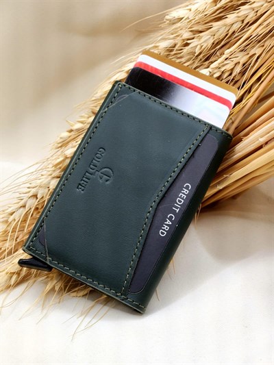 GOLD LIFE-Hakiki Deri RFID Korumalı Mekanizmalı Kartlık (YEŞİL)