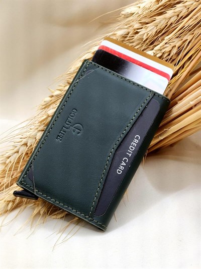 GOLD LIFE-Hakiki Deri RFID Korumalı Mekanizmalı Kartlık (YEŞİL)