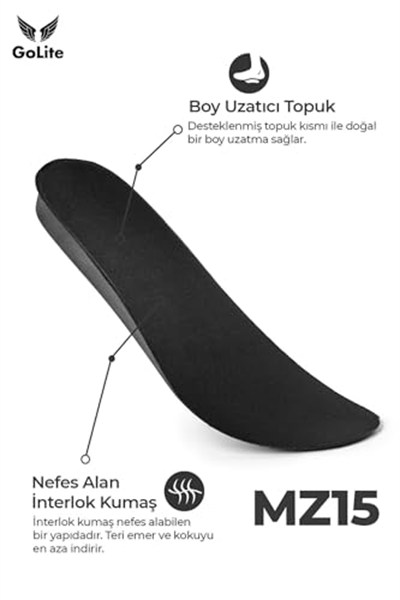 GoLite 2.5 Cm Boy Uzatıcı Tabanlık, Gizli Topuk Yükseltici Ayakkabı Tabanlığı MZ15 (41-42, Siyah)