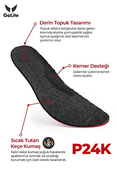 GoLite Sıcak Tutan Siyah Keçe Tabanlık, Yün Keçe Ayakkabı İç Tabanı, Kışlık Ayakkabı ve Bot Tabanı P24K (38-39)