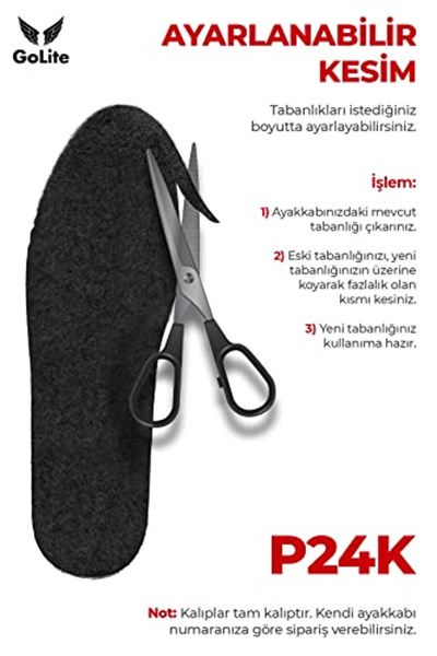 GoLite Sıcak Tutan Siyah Keçe Tabanlık, Yün Keçe Ayakkabı İç Tabanı, Kışlık Ayakkabı ve Bot Tabanı P24K (38-39)