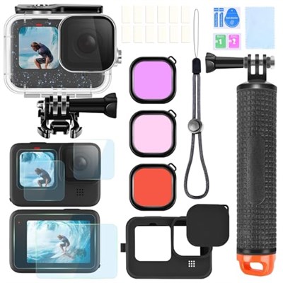 Gopro Hero 12 11 10 9 için aksesuar kiti su geçirmez konut kılıfı sualtı şamandıra kolu silikon kol Lens kapağı temperli cam ekran koruyucuları dalış filtreleri buğu önleyici ekler paket