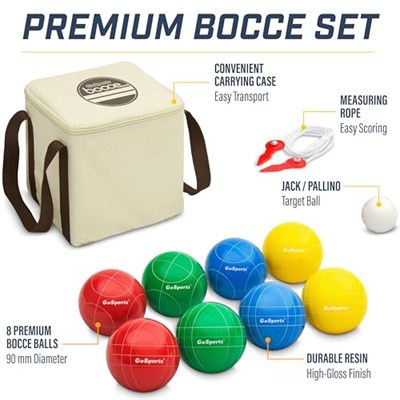 GoSports 90 mm Backyard Boccia Seti, 8 Küre, Pallino, Çanta ve Ölçüm İpi - Birinci Sınıf Reçine
