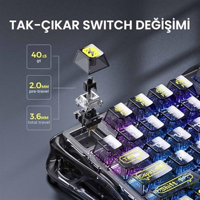 GravaStar Mercury K1 Lite RGB Kablosuz Mekanik Gaming Klavye, İngilizce Q