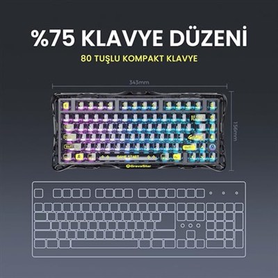 GravaStar Mercury K1 Lite RGB Kablosuz Mekanik Gaming Klavye, İngilizce Q