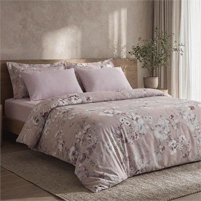 Green Black Bloomy Çiçek Senfonisi Çift Kişilik %100 Ege Pamuğu Nevresim Takımı - Çarşaflı - 4 Yastıklı Pudra