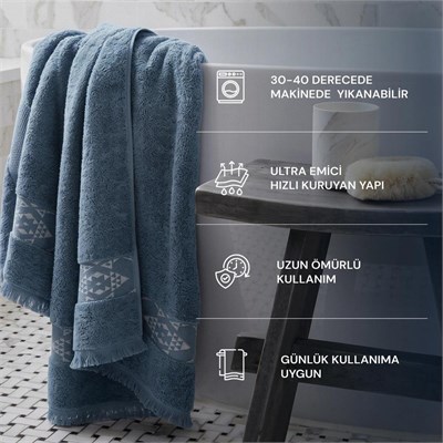 Green Black Hereke Heritage Serisi 3’lü Havlu Seti Krem Bordürlü Koyu Mavi, %100 Ege Pamuğu, Jakarlı Dokuma