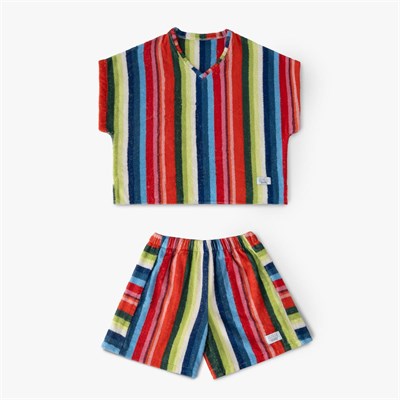 Green Black Stripe Red Kadın Havlu Şortlu Takım %100 Pamuk Renkli Standart