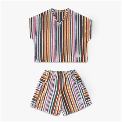 Green Black Stripe Soft Kadın Havlu Şortlu Takım %100 Pamuk Renkli Standart