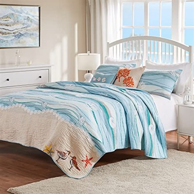 Greenland Home Maui İşlemeli Sahil Yorgan ve Yastık Kılıfı Seti, Tam/Kraliçe (5 Parça), Mavi
