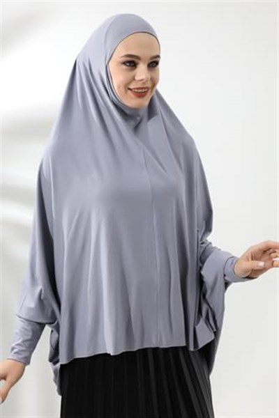 Gri Hazır Pratik Sultanbaş Tesettür Kollu Penye Sufle Eşarp Hijab
