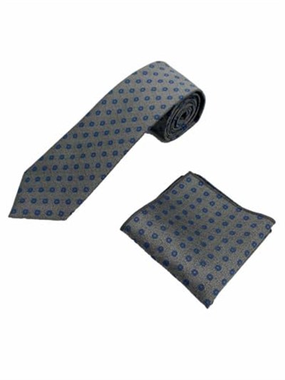 Gri Mavi Desenli Kravat Mendil Set