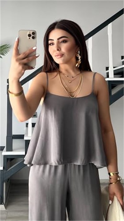Gri Premium Tnsel Kumaş Bluz-Pantolon Takım