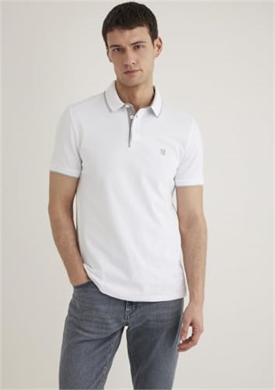 Gri Şerit Detaylı Beyaz Polo Tişört Fitted/Vücuda Oturan Kesim 062373-27879