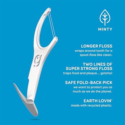 GRIN Çift Flosspyx, Diş İpi Seçimleri, 75 Sayı, Diş Yüzgeçleri, Nane Lezzeti, Geri Dönüşümlü Plastik, 2 Hatlı Güçlü Diş İpi, Daha Uzun Diş İpi Kafası, Yiyecek ve Plak Tuzakları, Güvenli Yumuşak