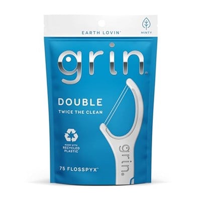 GRIN Çift Flosspyx, Diş İpi Seçimleri, 75 Sayı, Diş Yüzgeçleri, Nane Lezzeti, Geri Dönüşümlü Plastik, 2 Hatlı Güçlü Diş İpi, Daha Uzun Diş İpi Kafası, Yiyecek ve Plak Tuzakları, Güvenli Yumuşak