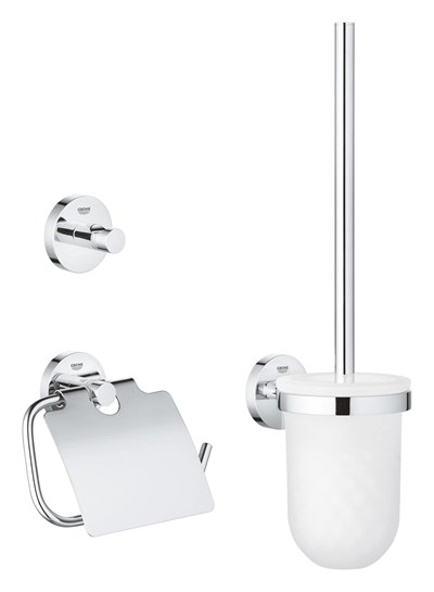 GROHE Start QuickFix Üçlü Tuvalet Aksesuar Seti, Kapaklı Tuvalet Kağıtlığı, Tuvalet Fırçası, Bornoz Askısı, Duş/Banyo Aksesuarları, Krom, 41204000