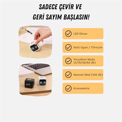GT-1 Pomodoro Zamanlayıcı Küp, Flip Timer, Öğrenci Ders Çalışma Saati, 5/10/30/60 dk & Özel Geri Sayım, USB Şarjlı, Sessiz/Titreşimli Alarm, Mutfak Kronometresi - Siyah