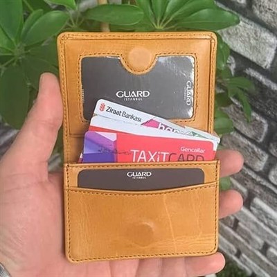 Guard Cüzdan Mini Mıknatıslı Kartlık Kartvizitlik Hakiki Deri 10.5x7.5x2 cm Mini (Sarı-Açık Taba)