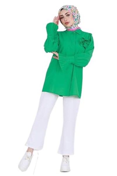 Gül Broşlu Kolu Fırfırlı Tunik-Benetton Yeşili
