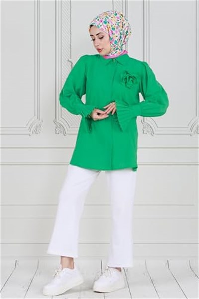 Gül Broşlu Kolu Fırfırlı Tunik-Benetton Yeşili