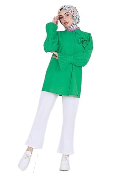 Gül Broşlu Kolu Fırfırlı Tunik-Benetton Yeşili