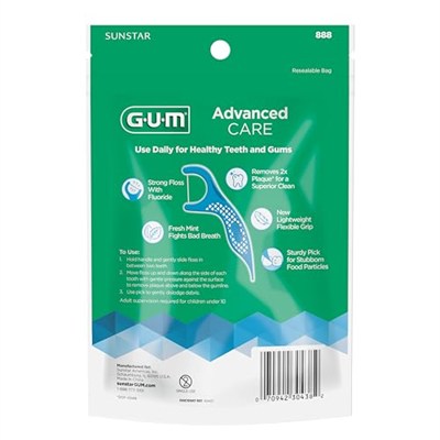 GUM - 888DF Advanced Care Flossers, Fresh Mint Dental String Floss Picks, E Vitamini ve Florür, 90 Adet