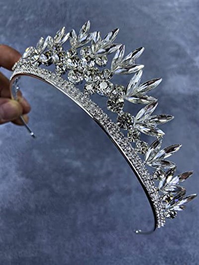 Gümüş Gri Rengi Yaprak Desenli Kristal Taşlı Gelin Ve Kına Tacı