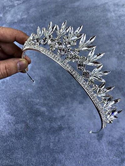 Gümüş Renk Yaprak Desenli Kristal Taşlı Gelin Ve Kına Tacı