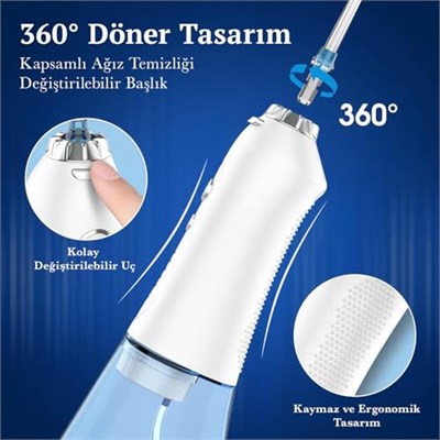 H2ofloss Şarjlı Kablosuz Ağız Duşu, Hızlı ve Etkili Diş Arası Temizliği – 300 ml Su Hazneli, 5 Modlu, 6 Başlıklı, IPX7 Su Geçirmez, Diş Taşı Temizliği (Beyaz)