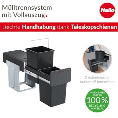 Hailo EcoLine Design L Gömme Çöp Ayırma Sistemi | 2 x 14 L | 28 L | Duo Çöp Ayırıcı Teleskopik Raylar Üzerinde Tam Çekmeli | Çıkarılabilir Kapak, Raflı | Çelik sac | Almanyada üretilmiştir | Siyah