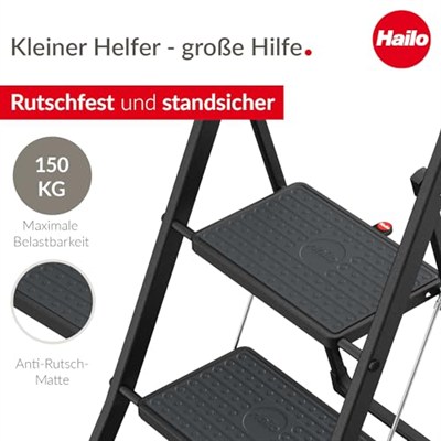 Hailo K44 StandardLine katlanır basamak – 2 kademeli çelik merdiven, büyük basamaklar ve kaymaz paspaslar – Çalışma yüksekliği 2,46 mye kadar – Ağırlık: 4,8 kg – Siyah