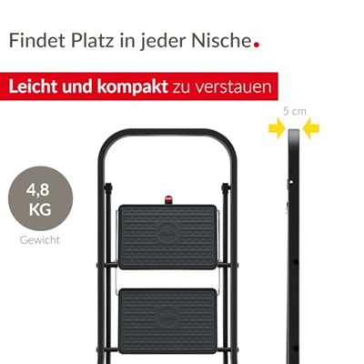 Hailo K44 StandardLine katlanır basamak – 2 kademeli çelik merdiven, büyük basamaklar ve kaymaz paspaslar – Çalışma yüksekliği 2,46 mye kadar – Ağırlık: 4,8 kg – Siyah