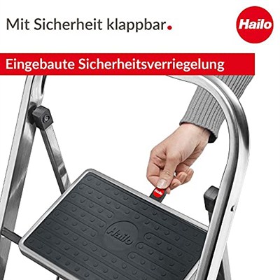 Hailo K70 StandardLine alüminyum katlanır merdiven, 3 büyük çelik basamaklı, kaymaz matlı, 150 kga kadar taşıma kapasitesi, katlanır emniyetli merdiven, özellikle hafif ve kolay saklanabilir, gümüş