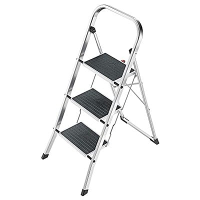 Hailo K70 StandardLine alüminyum katlanır merdiven, 3 büyük çelik basamaklı, kaymaz matlı, 150 kga kadar taşıma kapasitesi, katlanır emniyetli merdiven, özellikle hafif ve kolay saklanabilir, gümüş