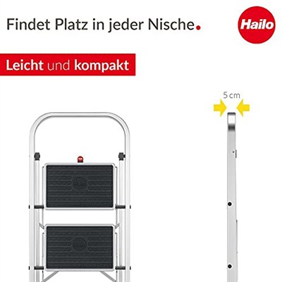 Hailo K70 StandardLine alüminyum katlanır merdiven, 3 büyük çelik basamaklı, kaymaz matlı, 150 kga kadar taşıma kapasitesi, katlanır emniyetli merdiven, özellikle hafif ve kolay saklanabilir, gümüş