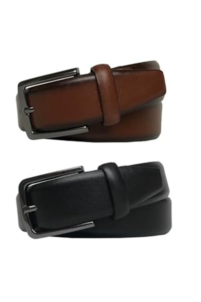 Hakiki Deri 2li Set Klasik Kumaş Pantolon Kemeri 3.5 cm Siyah, Taba