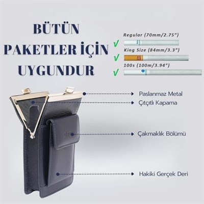 Hakiki Deri Sigara Kutusu, Tutucu Tabakası, Deri Sigaralık, Sigara Kutusu (Siyah)