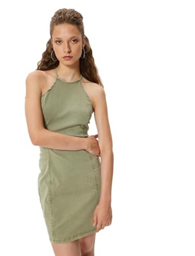 Halter Yaka Elbise Mini Kolsuz Dikiş Detaylı Slim Fit
