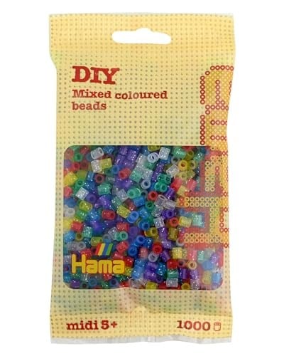 Hama Boncuk 207-54 ütü boncuğu torbası, yakl. 1.000 renkli midi el işi boncuğu, 5 mm çapında, parıltılı karışım, büyükler ve küçükler için yaratıcı el işi eğlencesi