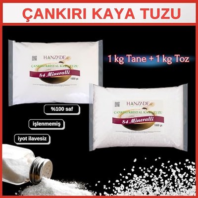 Hanzade Bitkisel 84 Mineralli Doğal Çankırı Kristal Kaya Tuzu 1 Kg Toz (Öğütülmüş) + 1 Kg Tane (Öğütülmemiş)