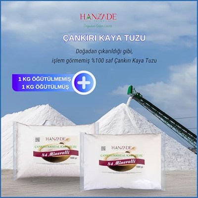 Hanzade Bitkisel 84 Mineralli Doğal Çankırı Kristal Kaya Tuzu 1 Kg Toz (Öğütülmüş) + 1 Kg Tane (Öğütülmemiş)