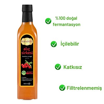 Hanzade Bitkisel Alıç Sirkesi 500 ML x 3 Adet Doğal Fermantasyon İçilebilir Katkısız Cam Şişe
